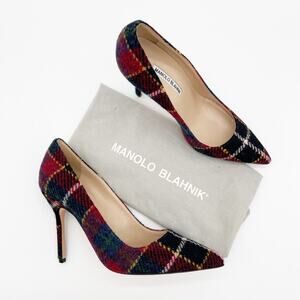 Manolo Blahnik Multicolor Check Wool BB Pointed Toe Stiletto Pumps Heels IT 38
